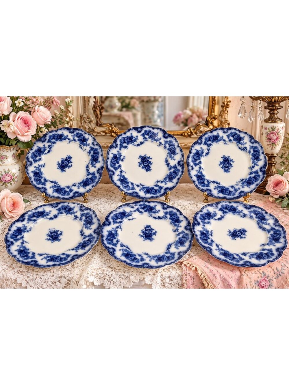 Antique Grindley Florida Flow Blue Dinner Lunch Plates Set of 6 9.5"